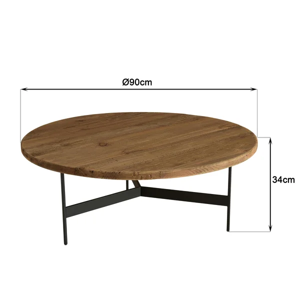 Table de salon ronde pin recyclé et métal 90 cm CRACOVIE