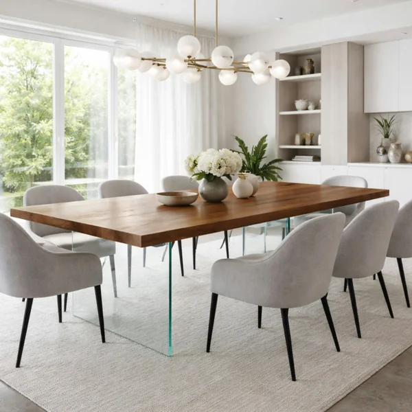 Table extensible bois brun bords droits pieds verre 220 cm PALERME