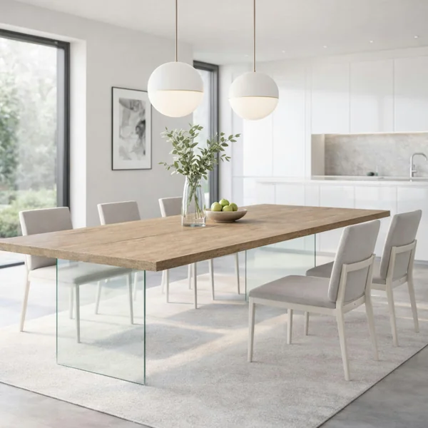 Table extensible bois grisé bords droits pieds verre 200 cm PALERME