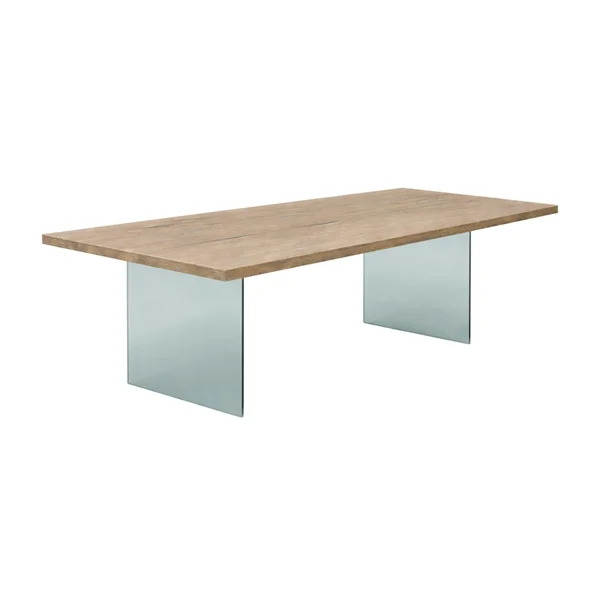 Table extensible bois grisé bords droits pieds verre 220 cm PALERME