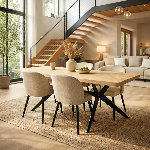 Table extensible chêne blanc bords biseautés pied graphique 220 cm PALERME