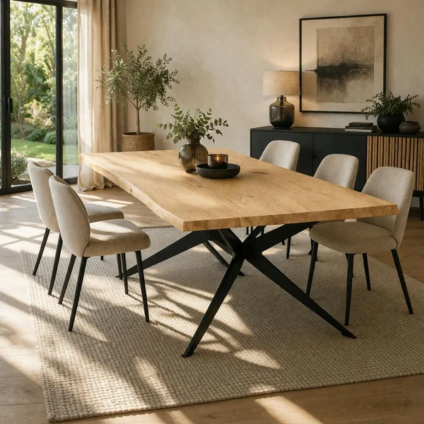 Table extensible chêne blanc bords naturels pied graphique 220 cm PALERME