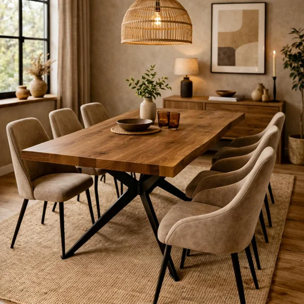 Table extensible chêne brun bords naturels pied graphique 240 cm PALERME