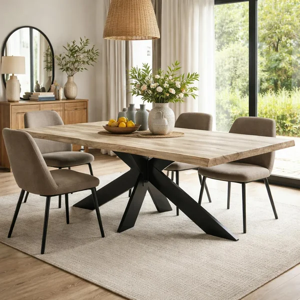 Table extensible chêne grisé bords naturels pied noir fin 200 cm PALERME