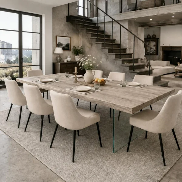 Table extensible chêne grisé bords naturels pieds verre 240 cm PALERME