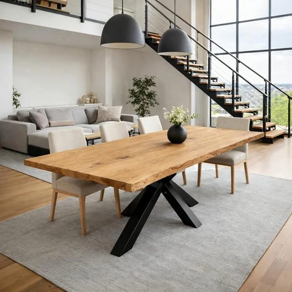 Table extensible chêne huilé bords naturels pied noir 180 cm PALERME