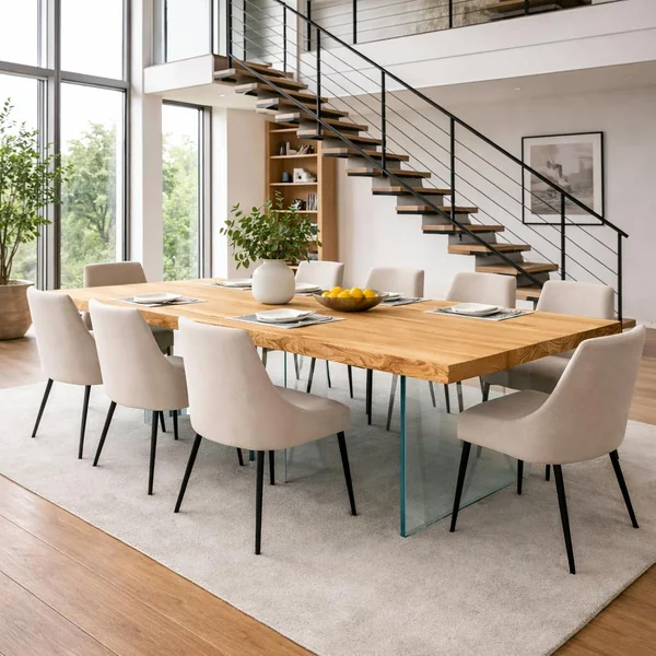 Table extensible chêne huilé bords naturels pieds verre 220 cm PALERME