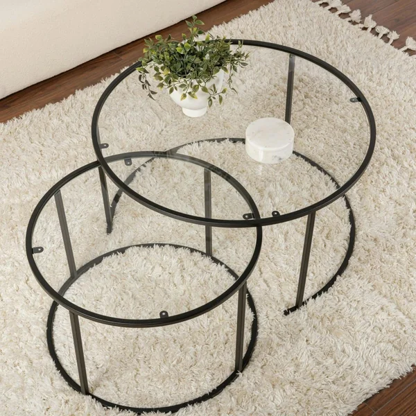 Table gigogne en verre - cadre noir (lot de 2) ⌀80 cm TULUM