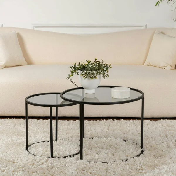 Table gigogne verre fumé - cadre noir (lot de 2) ⌀60 cm TULUM