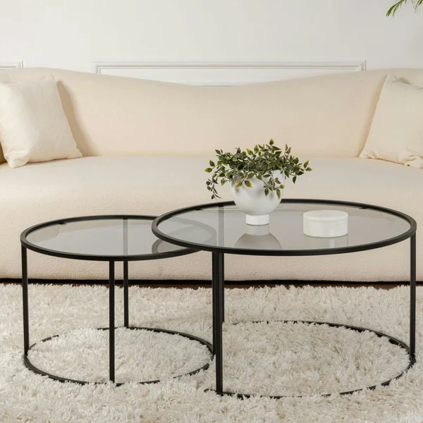 Table gigogne verre fumé - cadre noir (lot de 2) ⌀80 cm TULUM