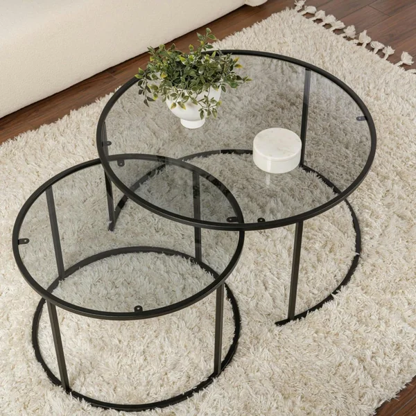 Table gigogne verre fumé - cadre noir (lot de 2) ⌀80 cm TULUM