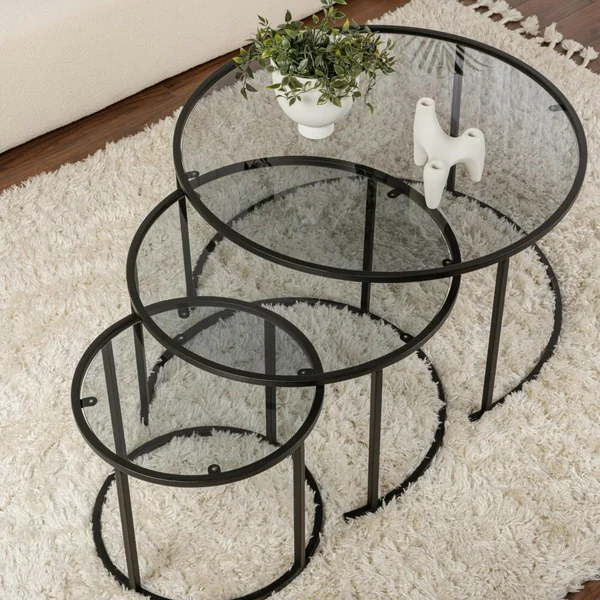Table gigogne verre fumé - cadre noir (lot de 3) ⌀80 cm TULUM