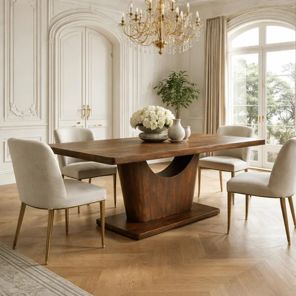 Table à manger bois foncé pied central ouvert 240 cm ARCANA