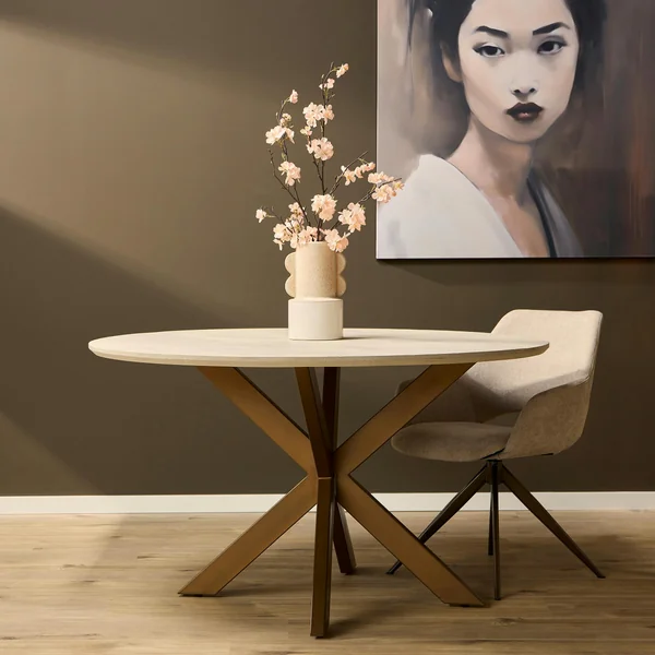 Table à manger ronde bois sable pied bronze Ø110 cm CORTINA
