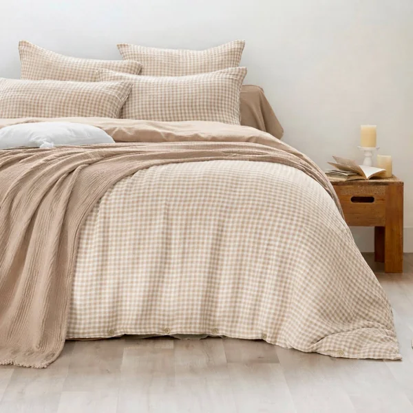 Taie d'oreiller carrée gaze de coton (60 x 60 cm) Gaïa Vichy Ficelle