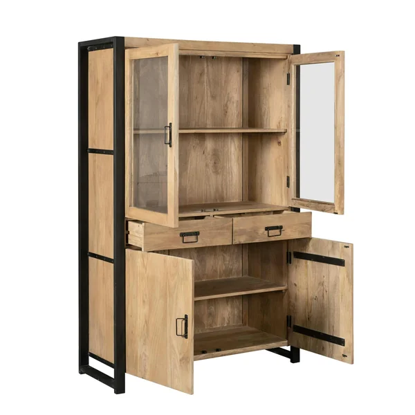 Vaisselier en bois clair et métal noir 4 portes MILORA