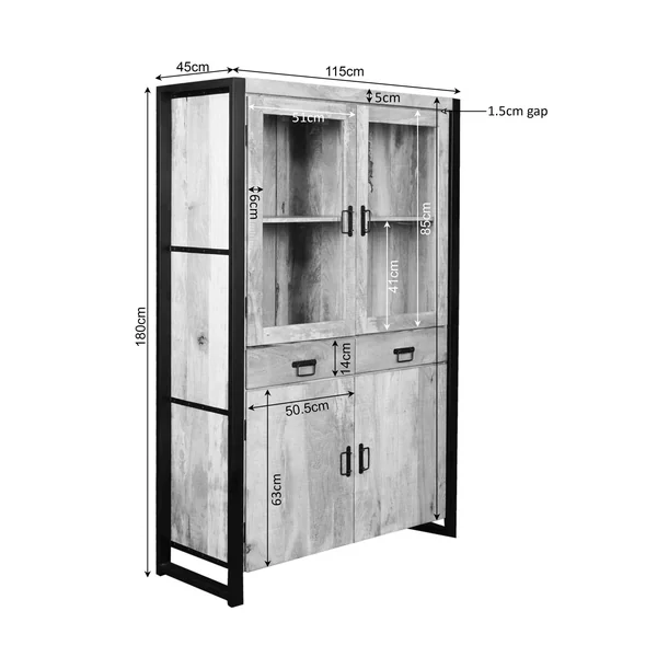 Vaisselier en bois clair et métal noir 4 portes MILORA