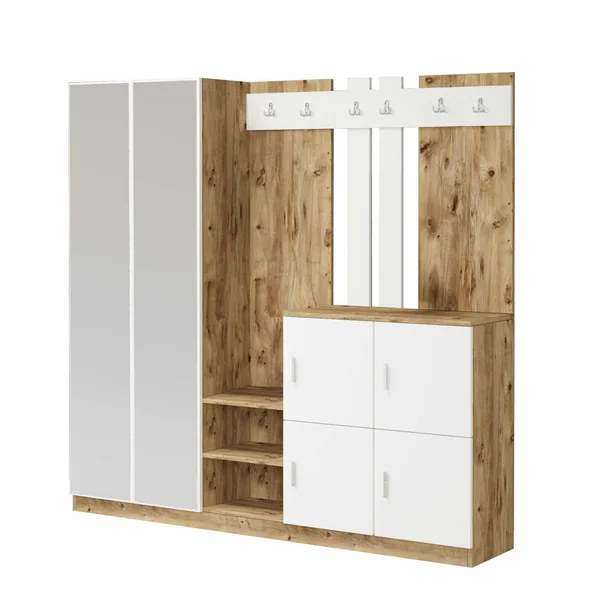 Vestiaire d'entrée 1 miroir 4 portes décor blanc bois MARFA