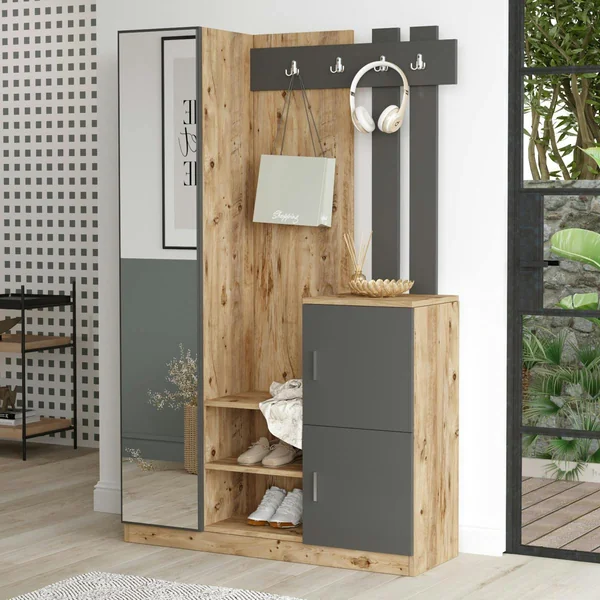 Vestiaire d’entrée 2 portes 1 miroir décor gris et bois MARFA