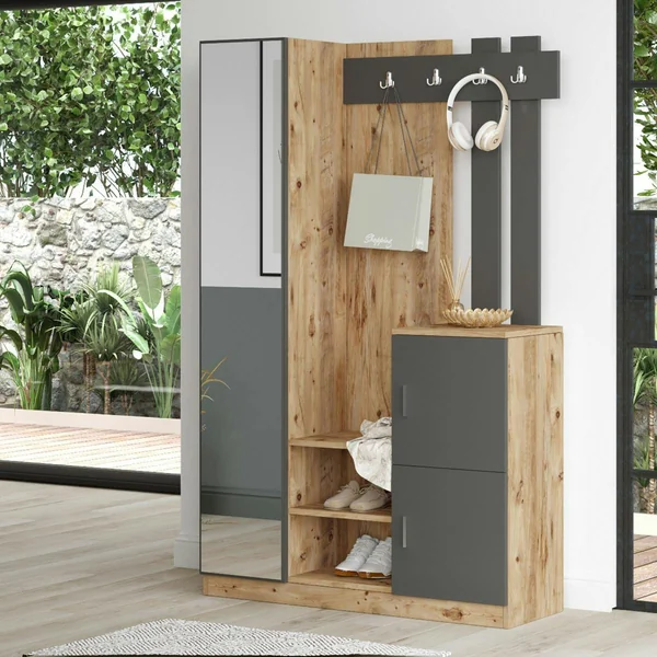 Vestiaire d’entrée 2 portes 1 miroir décor gris et bois MARFA