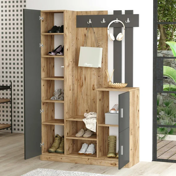 Vestiaire d’entrée 2 portes 1 miroir décor gris et bois MARFA