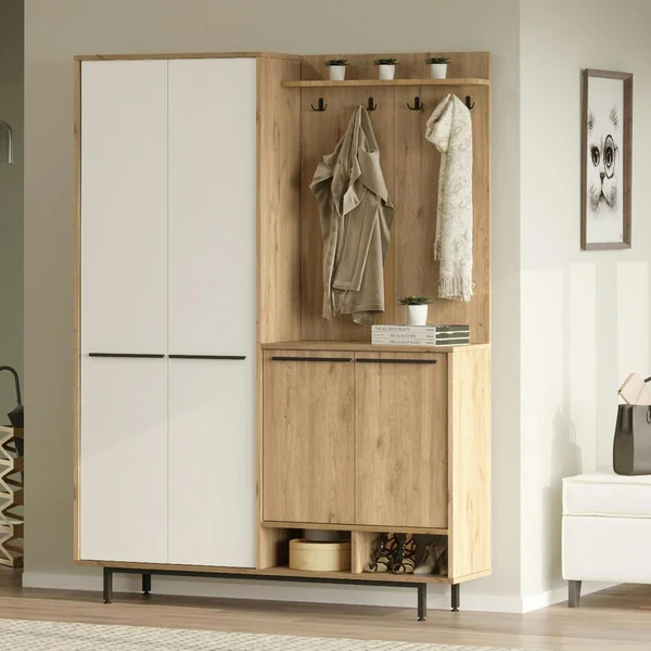 Vestiaire d'entrée 4 portes décor blanc et bois JENA