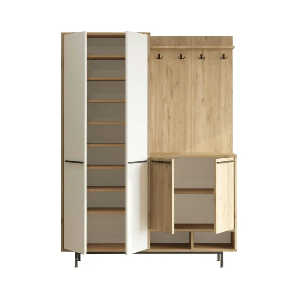 Vestiaire d'entrée 4 portes décor blanc et bois JENA