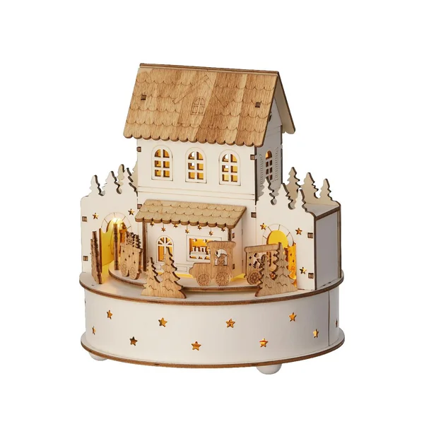 Village animé lumineux rond en contreplaqué avec maisonnette à 5 LED blanc chaud Dicken’s - Ø 17,5 x H 19,5 cm