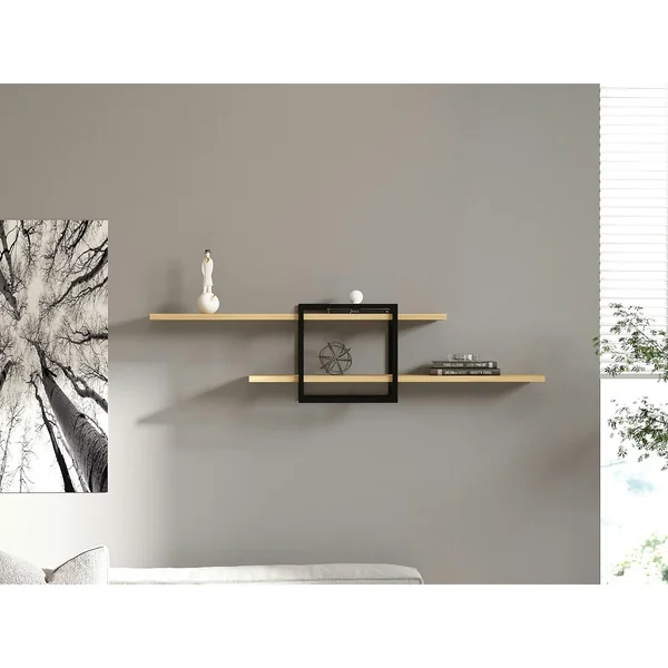 Étagère murale design effet bois clair - 1 cube, 2 plateaux JENA